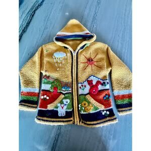 Hand Knit Kids Hooded Cardigan Sweater Animal Scene Zip Up Multicolor Size 3–5T